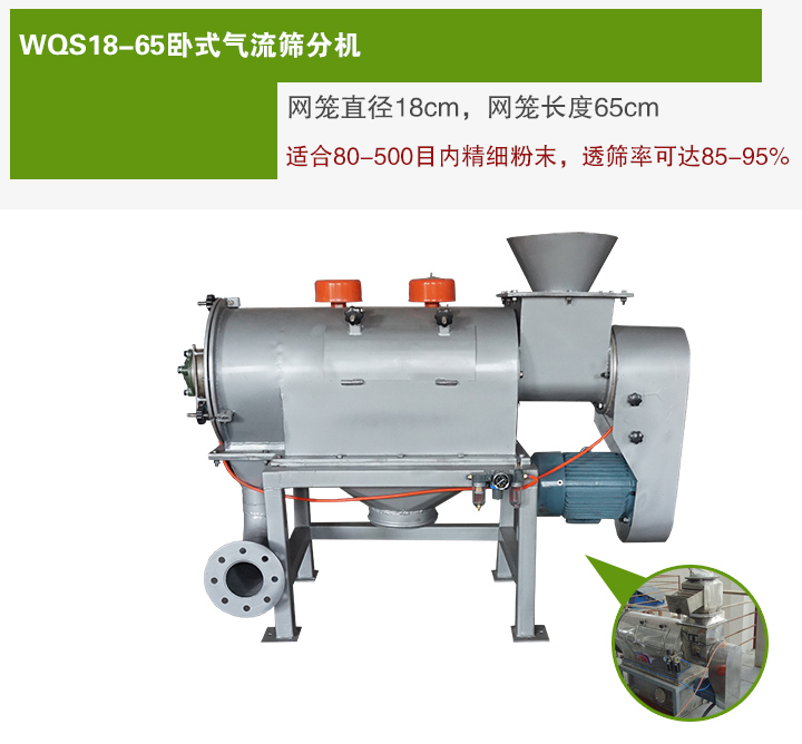 WQS18-65臥式氣流篩分機(jī)網(wǎng)籠直徑為18cm，網(wǎng)籠長(zhǎng)度為65cm